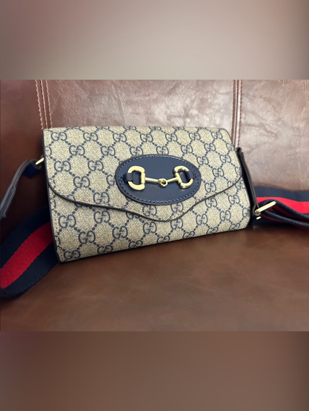 Beige and Navy Crossbody with Red-Blue Strap